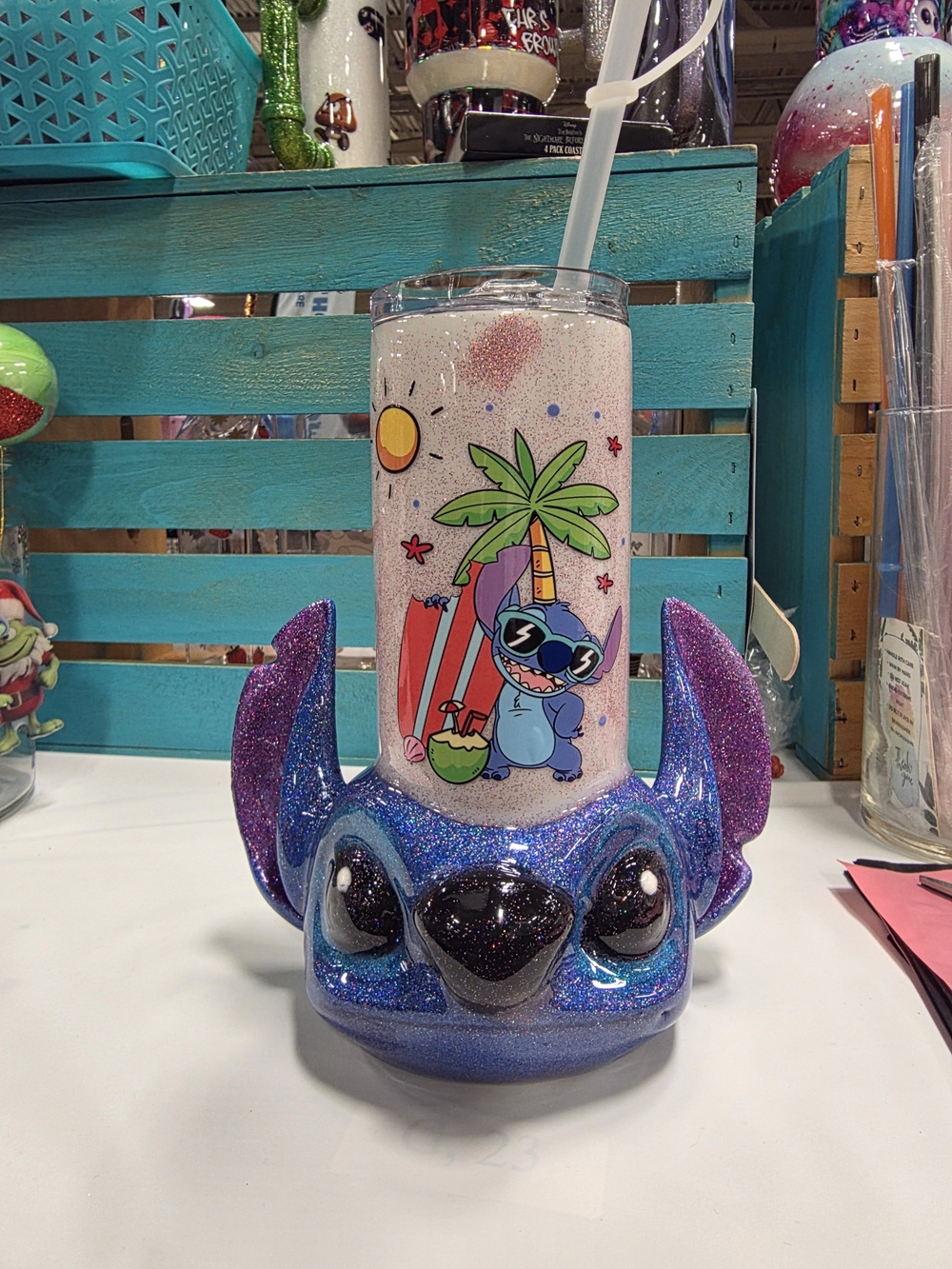 Stitch & Surf Glitter Tumbler   Blue, Red, Yellow